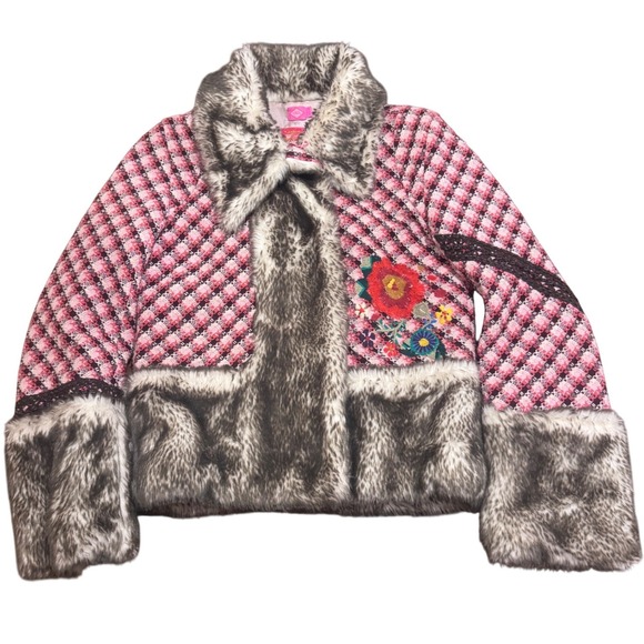 Oilily Jackets & Blazers - Oilily Plaid & Embroidery Faux Fur Trim Fairy Garden Whimsy Dopamine Jacket 36